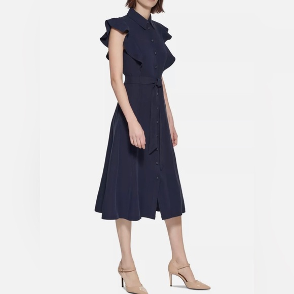 CALVIN KLEIN Womens Navy Belted Button Down Shirt Dress. SIZE 4 - Picture 2 of 3